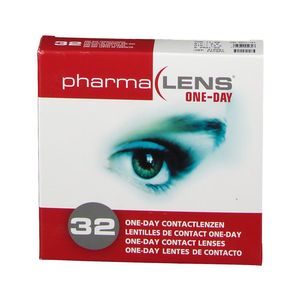 Boîte de lentilles de contact PharmaLens One-Day. Boîte rouge et blanche avec image d'œil, texte et 32 lentilles.