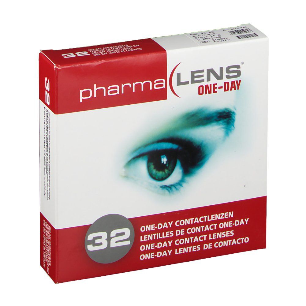 Boîte de lentilles de contact PharmaLens One-Day. Boîte rouge et blanche avec image d'œil, texte et 32 lentilles.
