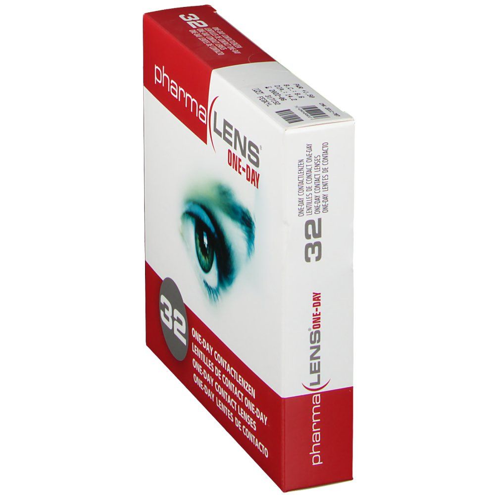 Boîte de lentilles de contact PharmaLens en biais. Un œil est représenté sur le côté blanc. Cadre rouge avec l'inscription "32" et "ONE-DAY CONTACT LENSES".