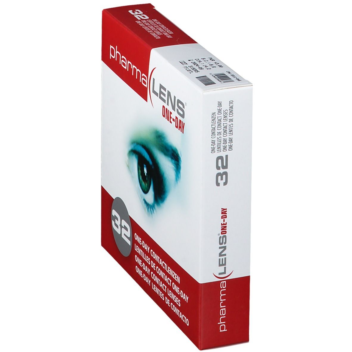 Boîte de lentilles de contact PharmaLens One-Day. 32 lentilles. Boîte rouge et blanche, vue latérale.