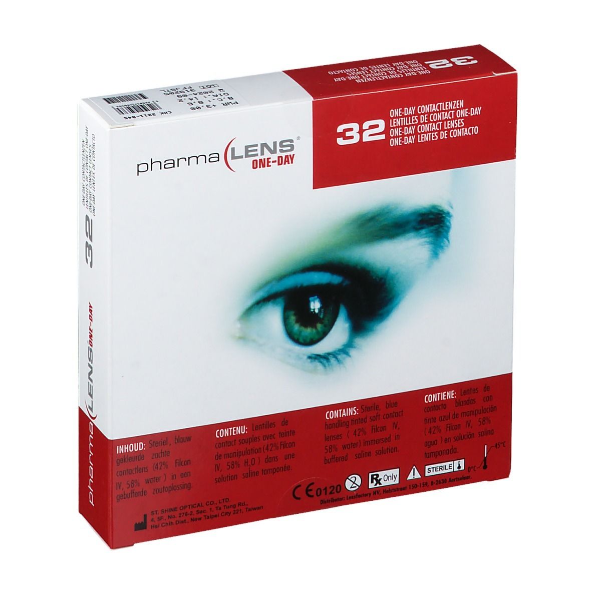 Boîte de lentilles de contact PharmaLens One-Day. 32 lentilles. Boîte rouge et blanche avec informations et image d'un œil.