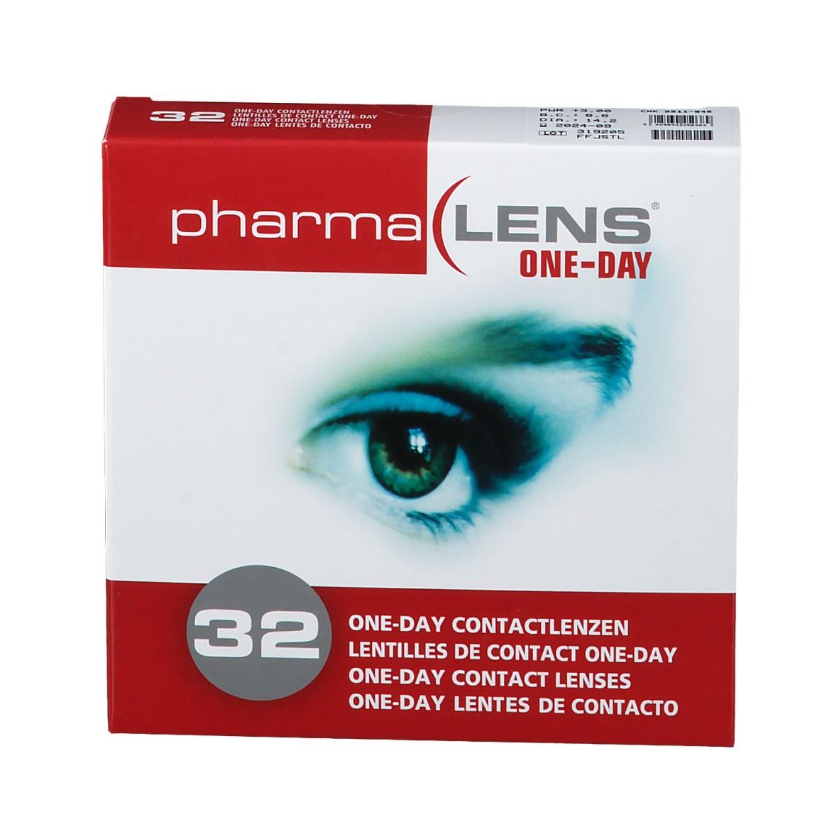 Boîte de lentilles de contact PharmaLens One-Day. 32 lentilles. Boîte rouge et blanche avec image d'un œil.
