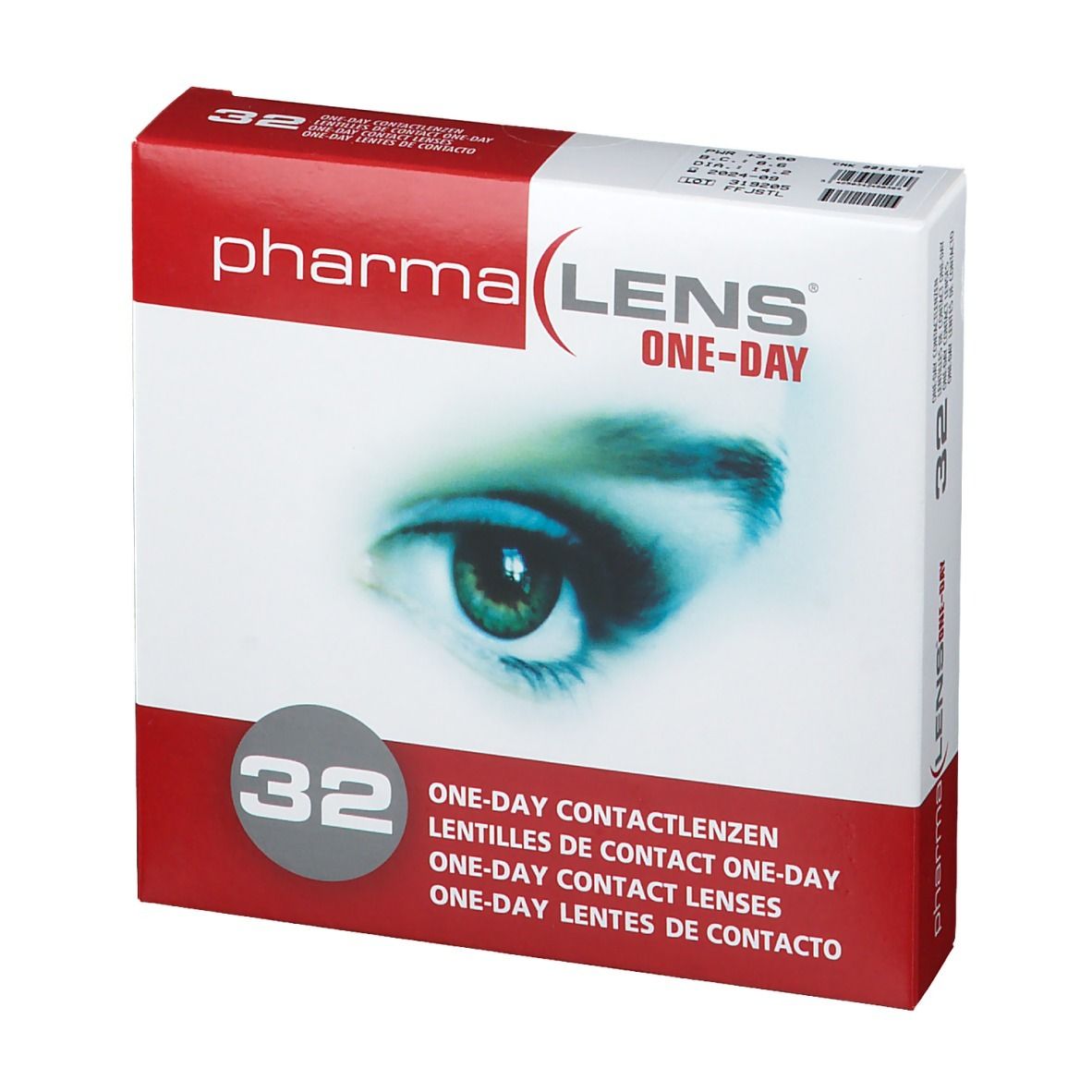 Boîte de lentilles de contact PharmaLens One-Day. 32 lentilles. Boîte rouge et blanche avec image d'un œil.