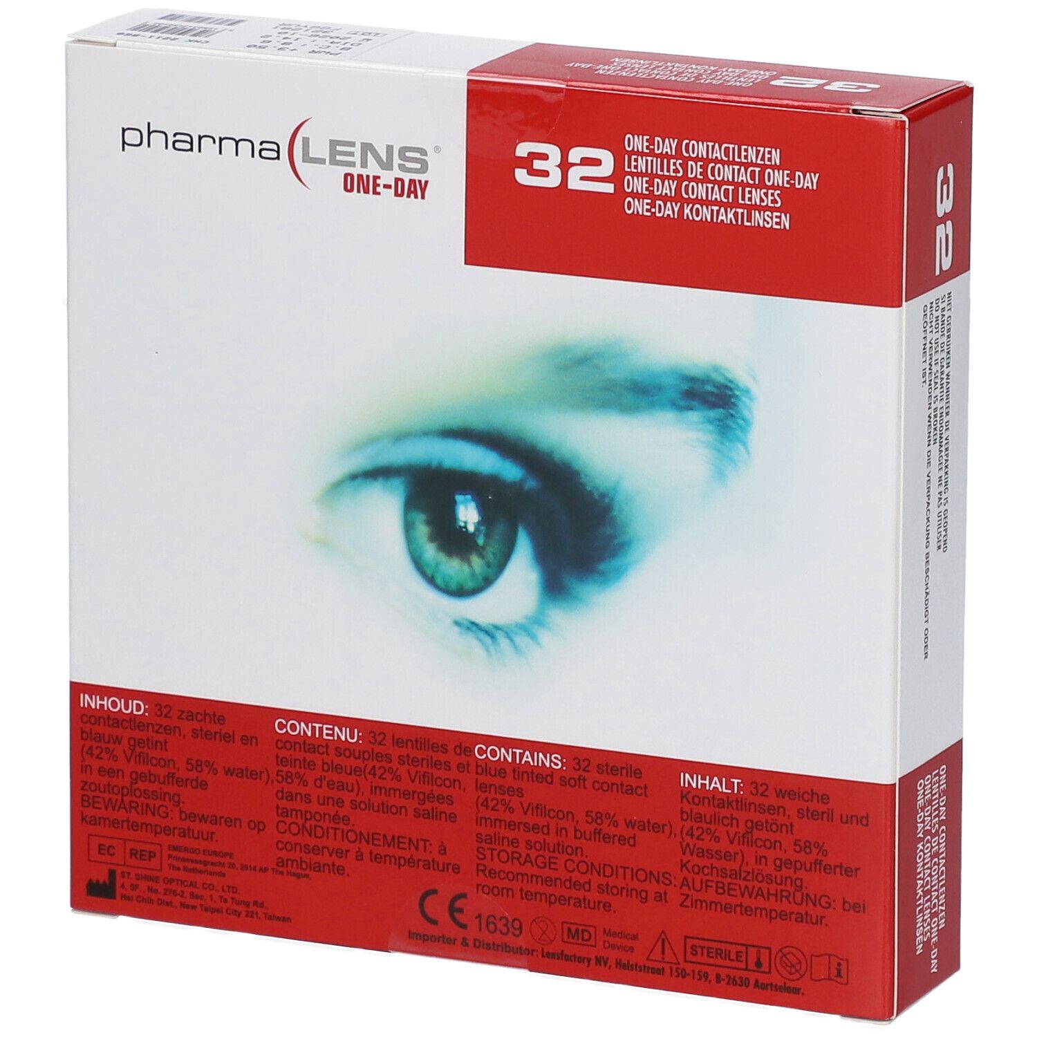 Boîte de lentilles de contact. Inscription: Pharma Lens One-Day, 32 unités. Image d'un œil. Texte multilingue.