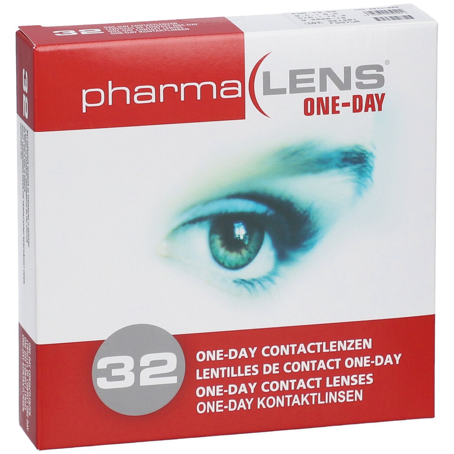 Boîte de lentilles de contact. Inscription: Pharma Lens One-Day, 32 unités. Image d'un œil.