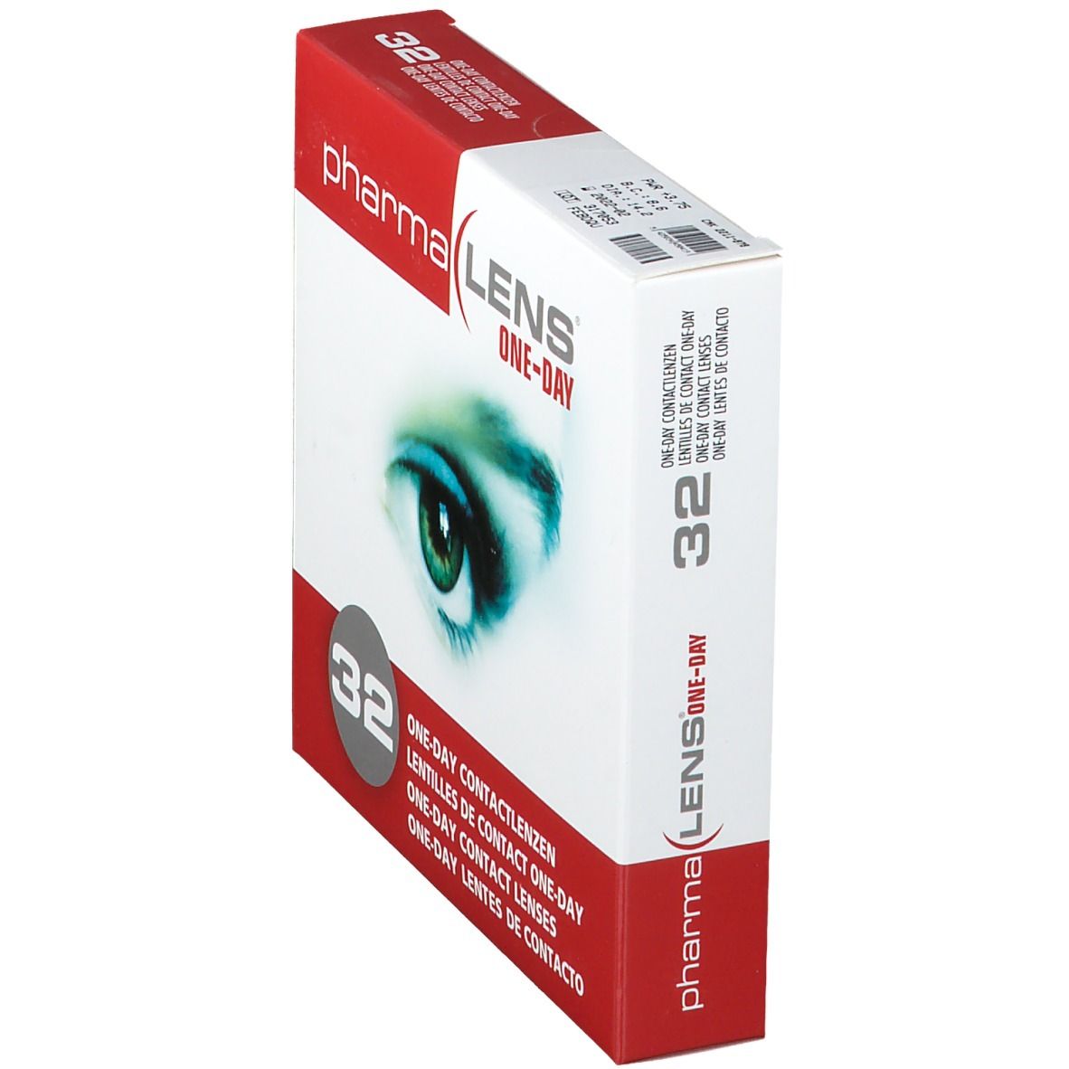 Boîte de lentilles de contact pharma LENS ONE-DAY. 32 unités. Boîte rouge et blanche avec un œil. Vue en perspective.