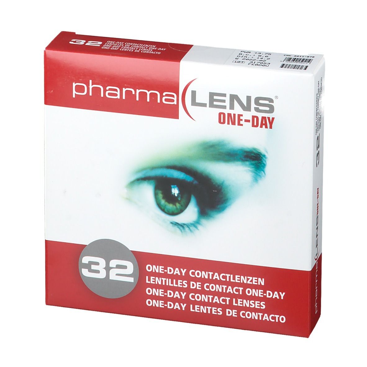 Boîte de lentilles de contact pharma LENS ONE-DAY. 32 unités. Boîte rouge et blanche avec un œil. Vue de face.