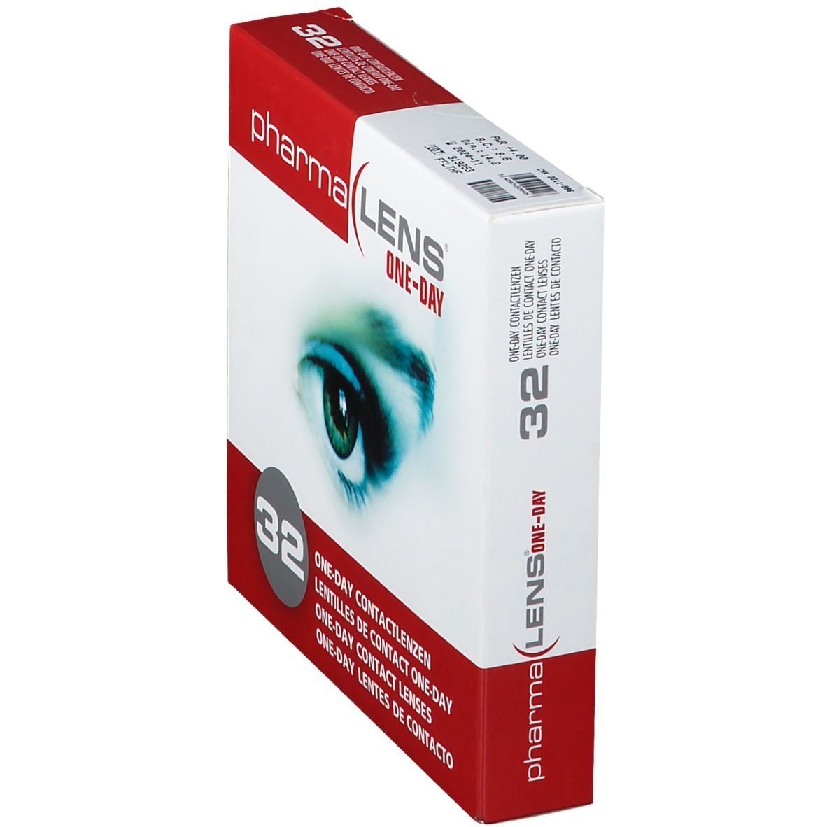 Boîte de lentilles de contact PharmaLens, vue en perspective. Boîte rouge et blanche avec un motif d'œil et le texte "ONE-DAY CONTACTLENZEN". Contient 32 lentilles.