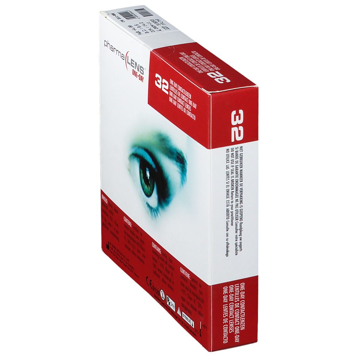 Boîte de lentilles de contact PharmaLens, vue en perspective. Boîte rouge et blanche avec motif d'œil et texte. Contient 32 lentilles. Texte sur le côté.