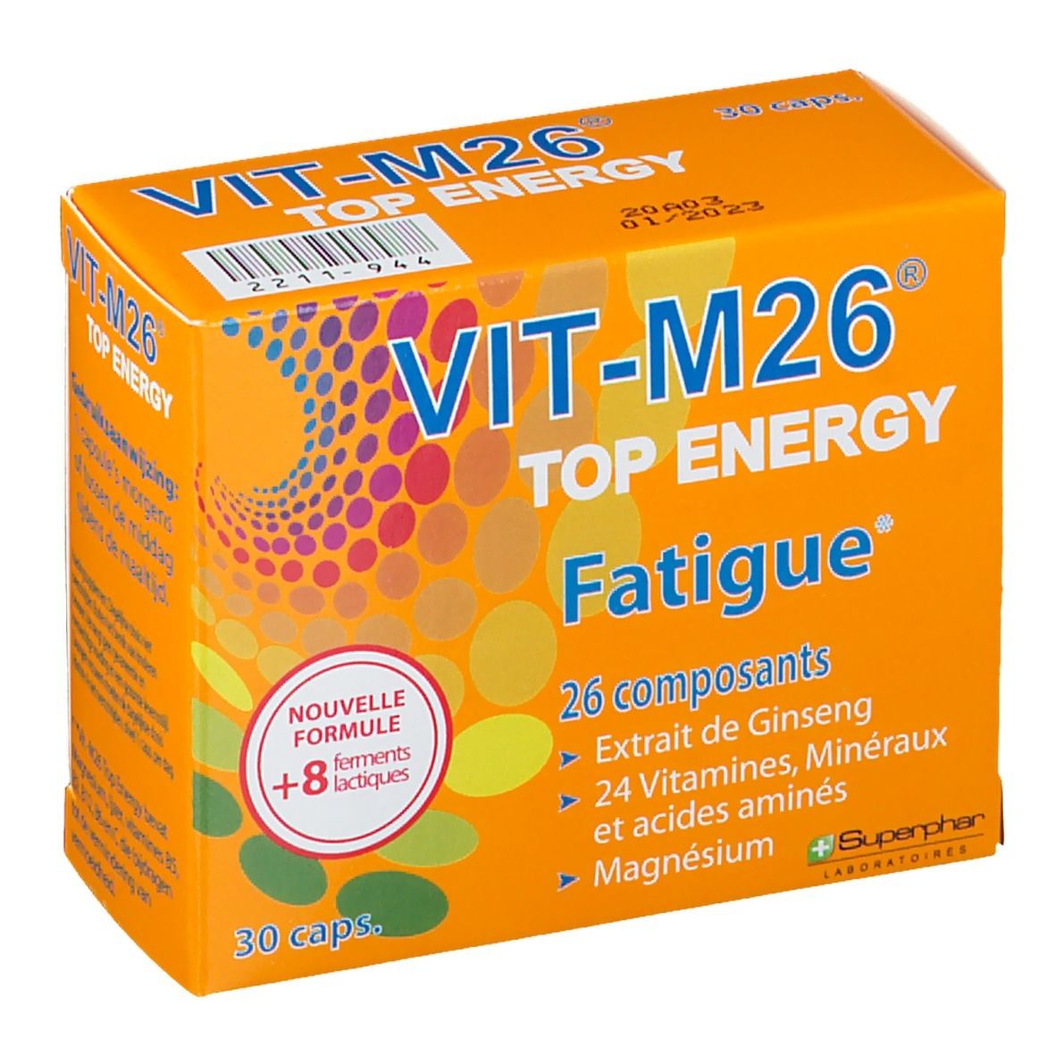 Boîte orange "VIT-M26 TOP ENERGY Fatigue". Contient 30 capsules. Inscriptions: 26 composants, extrait de ginseng, vitamines, minéraux, acides aminés, magnésium.