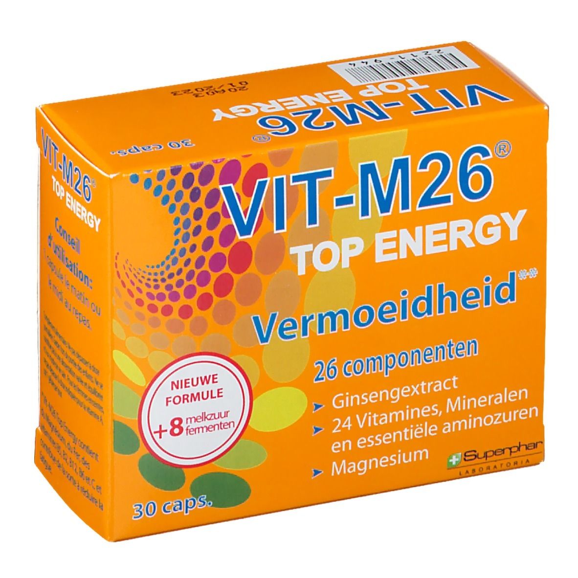 Boîte orange "VIT-M26 TOP ENERGY". Inscriptions: 26 composants, extrait de ginseng, vitamines, minéraux, acides aminés, magnésium. Fatigue. Contient 30 capsules.