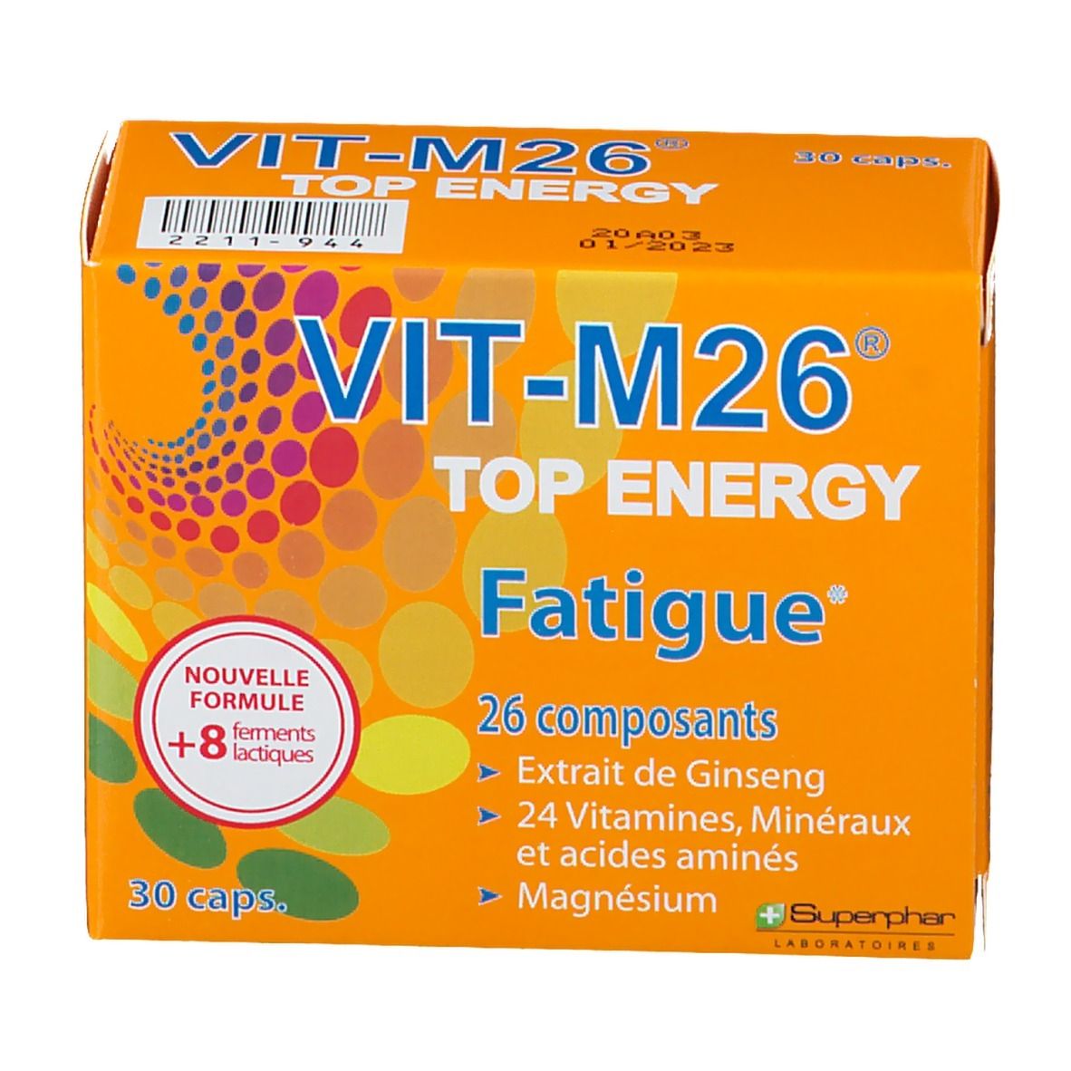 Boîte orange "VIT-M26 TOP ENERGY Fatigue". Contient 30 capsules. Inscriptions: 26 composants, extrait de ginseng, vitamines, minéraux, acides aminés, magnésium.