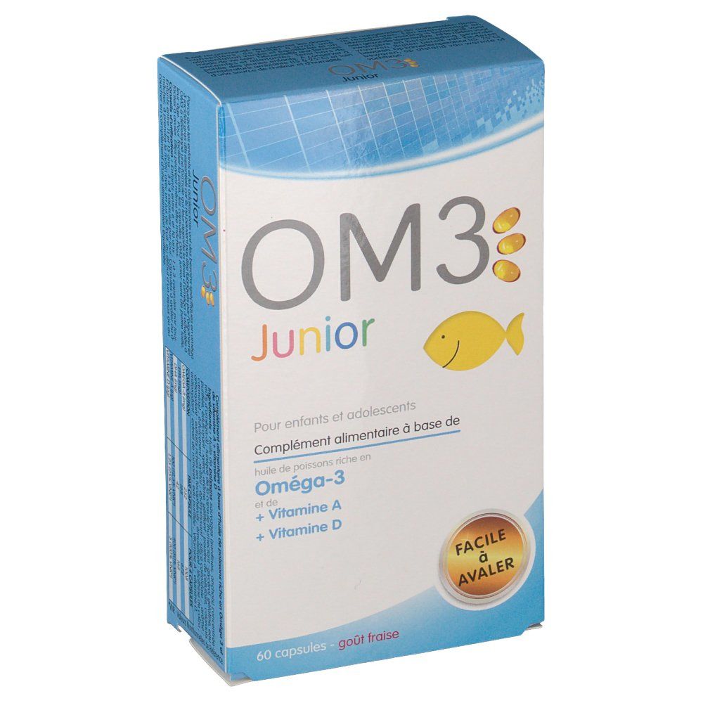 Boîte en carton OM3 Junior. Contient des capsules d'oméga-3, vitamine A et D. Illustration de poisson et texte 'Facile à avaler'. 60 capsules.