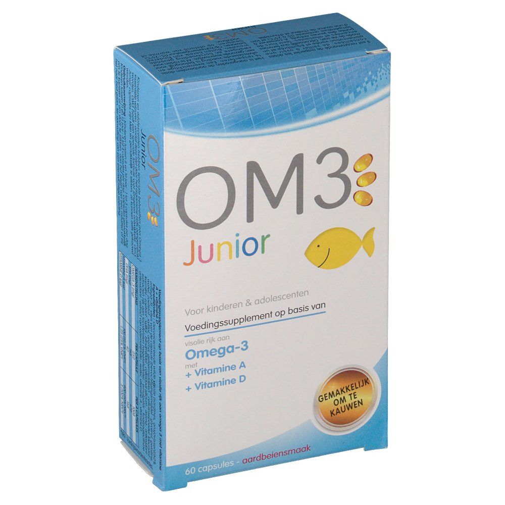 Boîte OM3 Junior. Contient oméga-3, vitamine A et D. Illustration de poisson et texte 'Gemakkelijk om te kauwen'. 60 capsules.