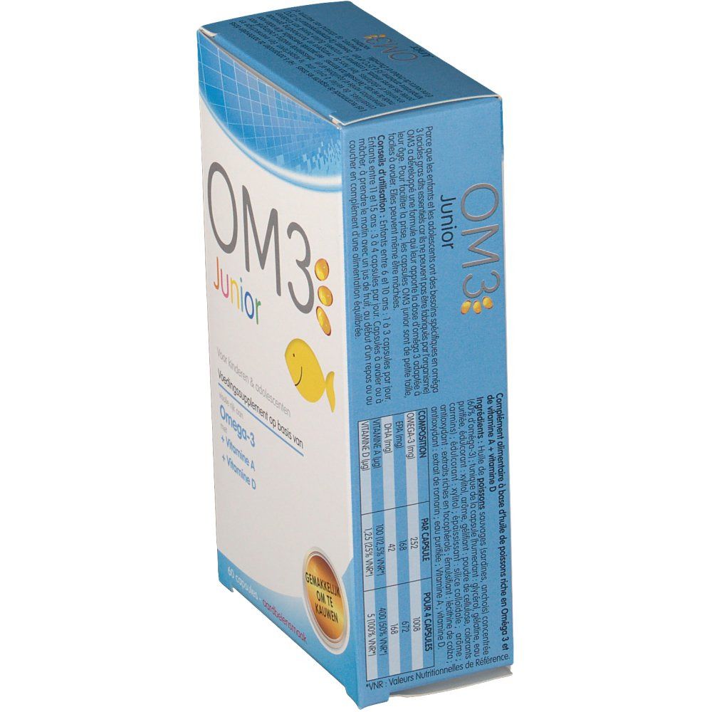 Vue latérale de la boîte OM3 Junior. Contient des informations sur les ingrédients et les valeurs nutritionnelles. Avec illustration de poisson et texte.