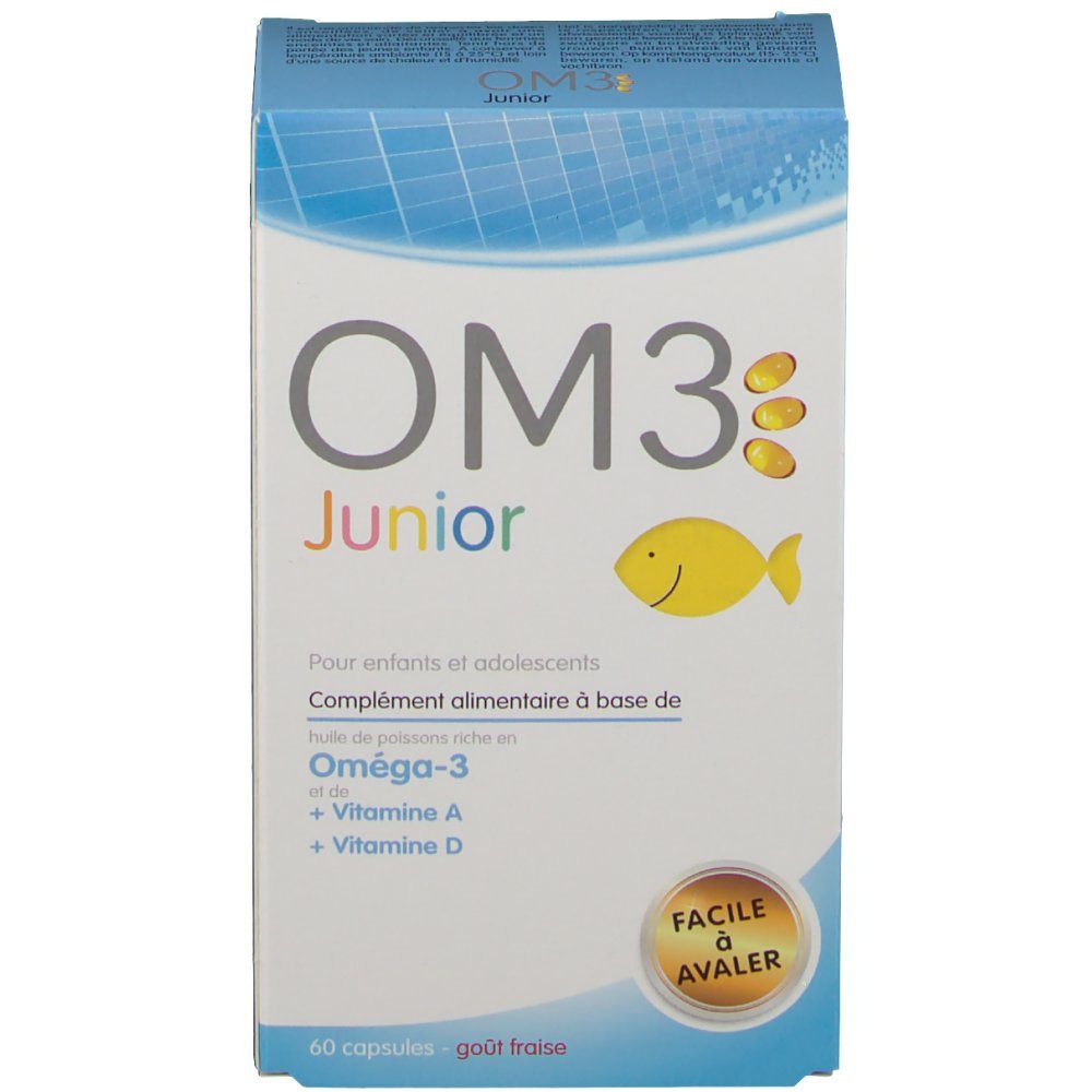 Boîte en carton OM3 Junior. Contient oméga-3, vitamine A et D. Illustration de poisson et texte 'Facile à avaler'. 60 capsules.