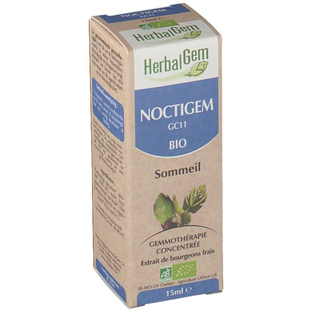 Boîte en carton HerbalGem NOCTIGEM, label BIO. Inscription Sommeil. Contenance 15ml. Gemmothérapie concentrée.