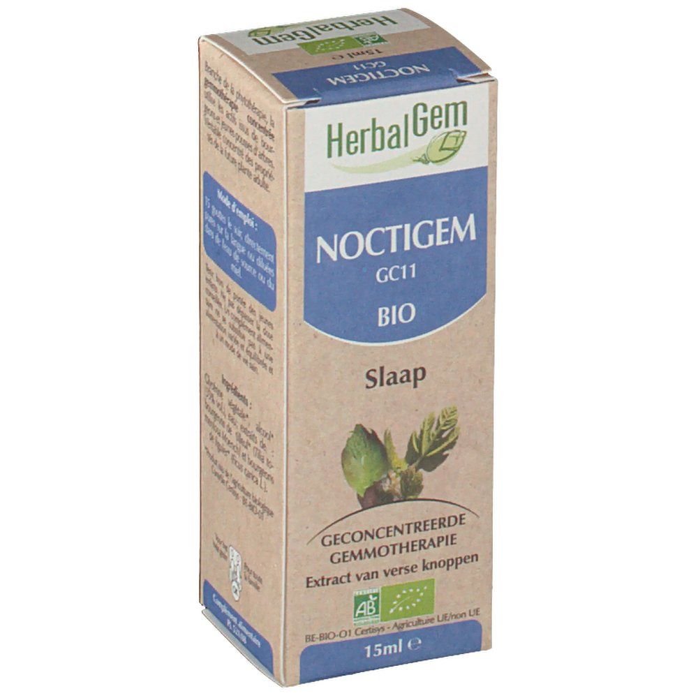 Boîte en carton NOCTIGEM HerbalGem, label BIO. Inscription Slaap. Contenance 15ml. Gemmothérapie.