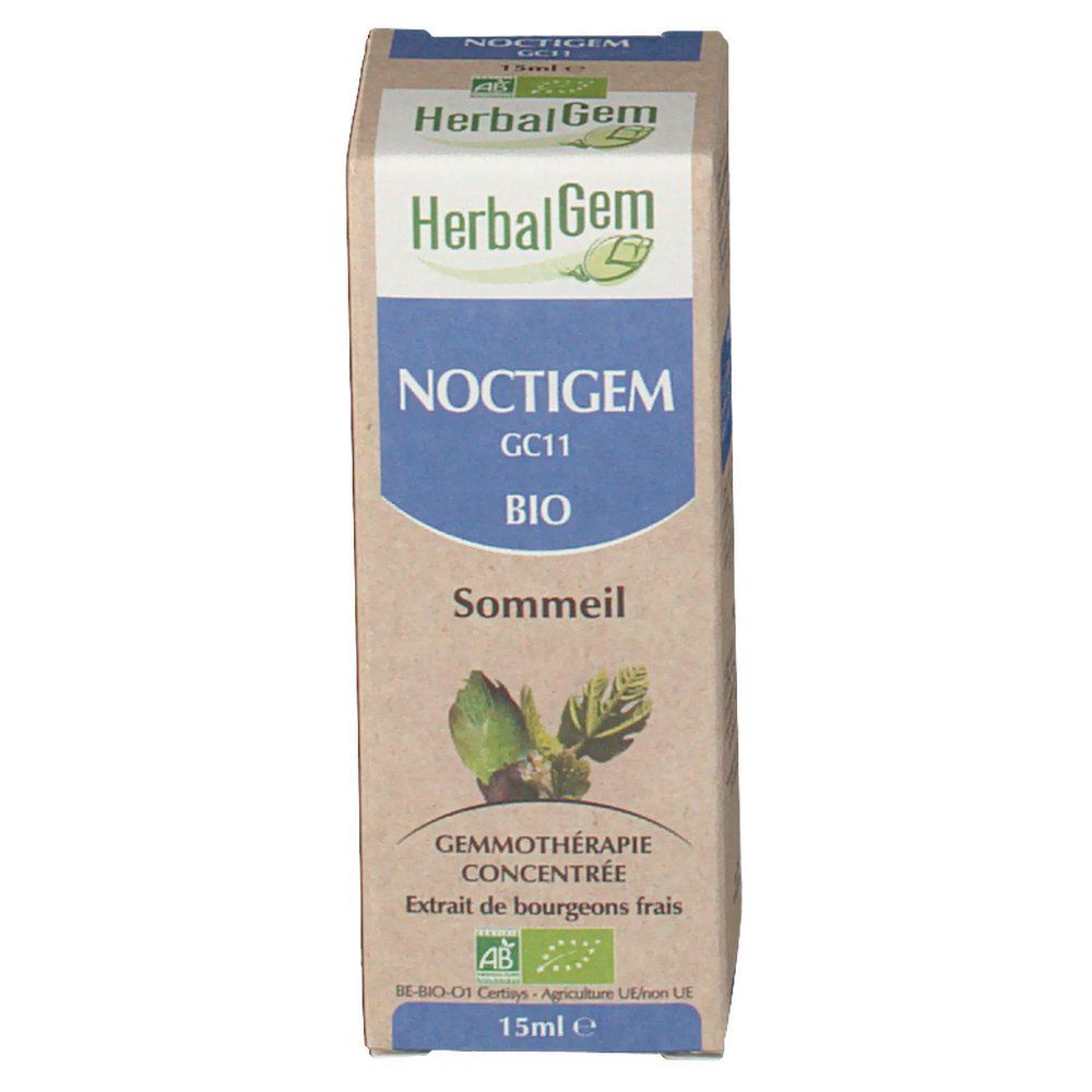 Boîte en carton NOCTIGEM HerbalGem, label BIO. Inscription Sommeil. Contenance 15ml. Gemmothérapie.