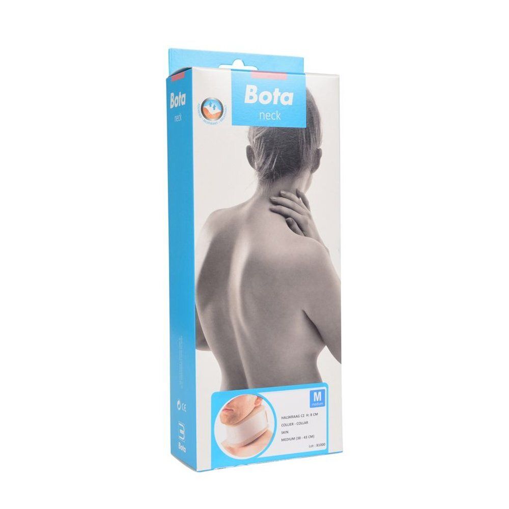 Minerve BOTA, beige, portée autour du cou d'une personne. Le collier a une forme rectangulaire et des fermetures velcro.