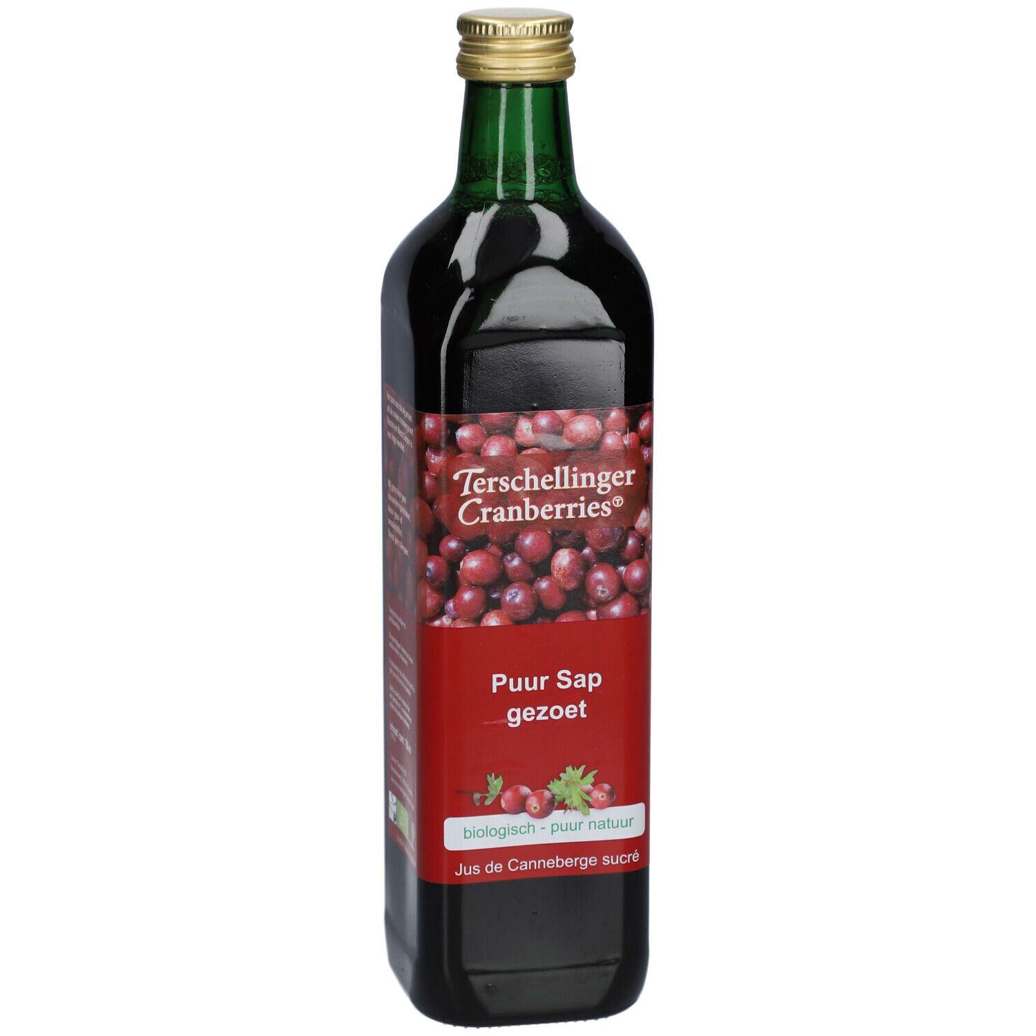 Bouteille de jus de canneberge. Étiquette rouge avec texte et image de canneberges. Bouchon doré, col vert. Texte: Terschellinger Cranberries, Puur Sap gezoet.