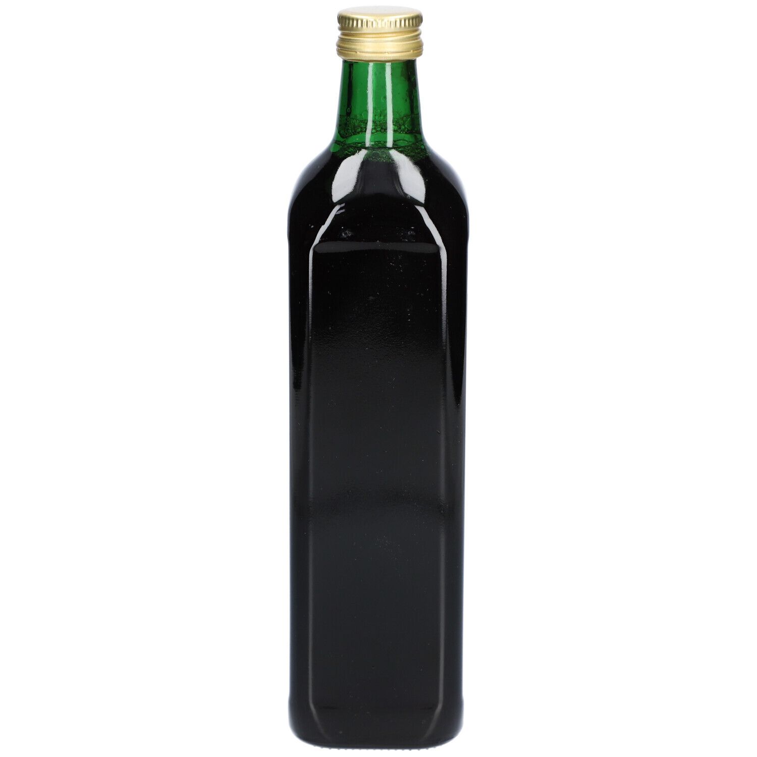 Une bouteille rectangulaire avec un col vert et un bouchon doré. Liquide foncé à l'intérieur. Aucune étiquette ni texte visible.