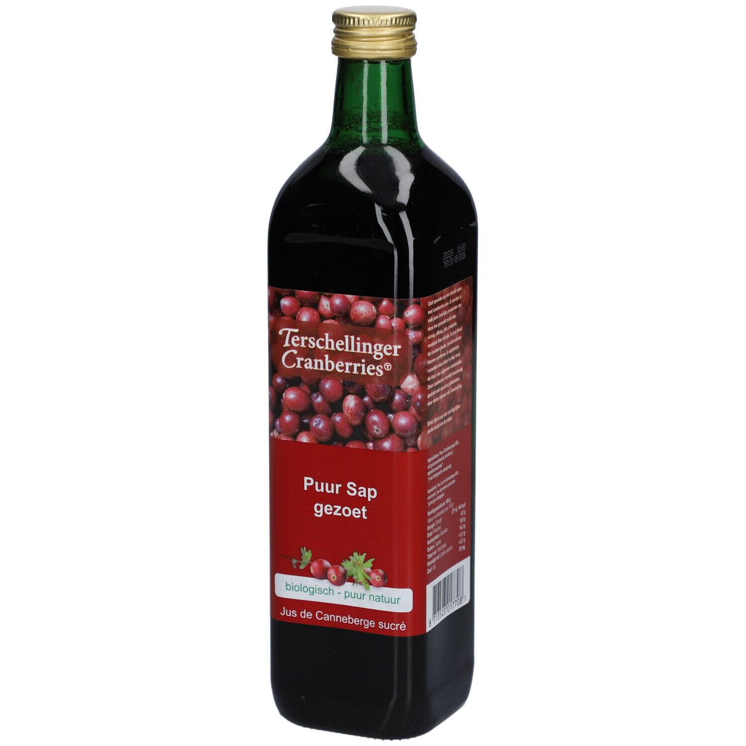 Bouteille de jus de canneberge. Étiquette rouge avec texte et image de canneberges. Bouchon doré, col vert. Texte: Terschellinger Cranberries, Puur Sap gezoet.