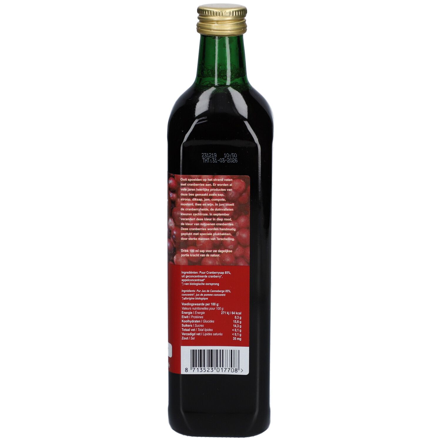 Dos d'une bouteille de jus de canneberge. Étiquette rouge avec texte. Col vert. Texte: informations sur le produit, ingrédients, valeurs nutritionnelles, code-barres.