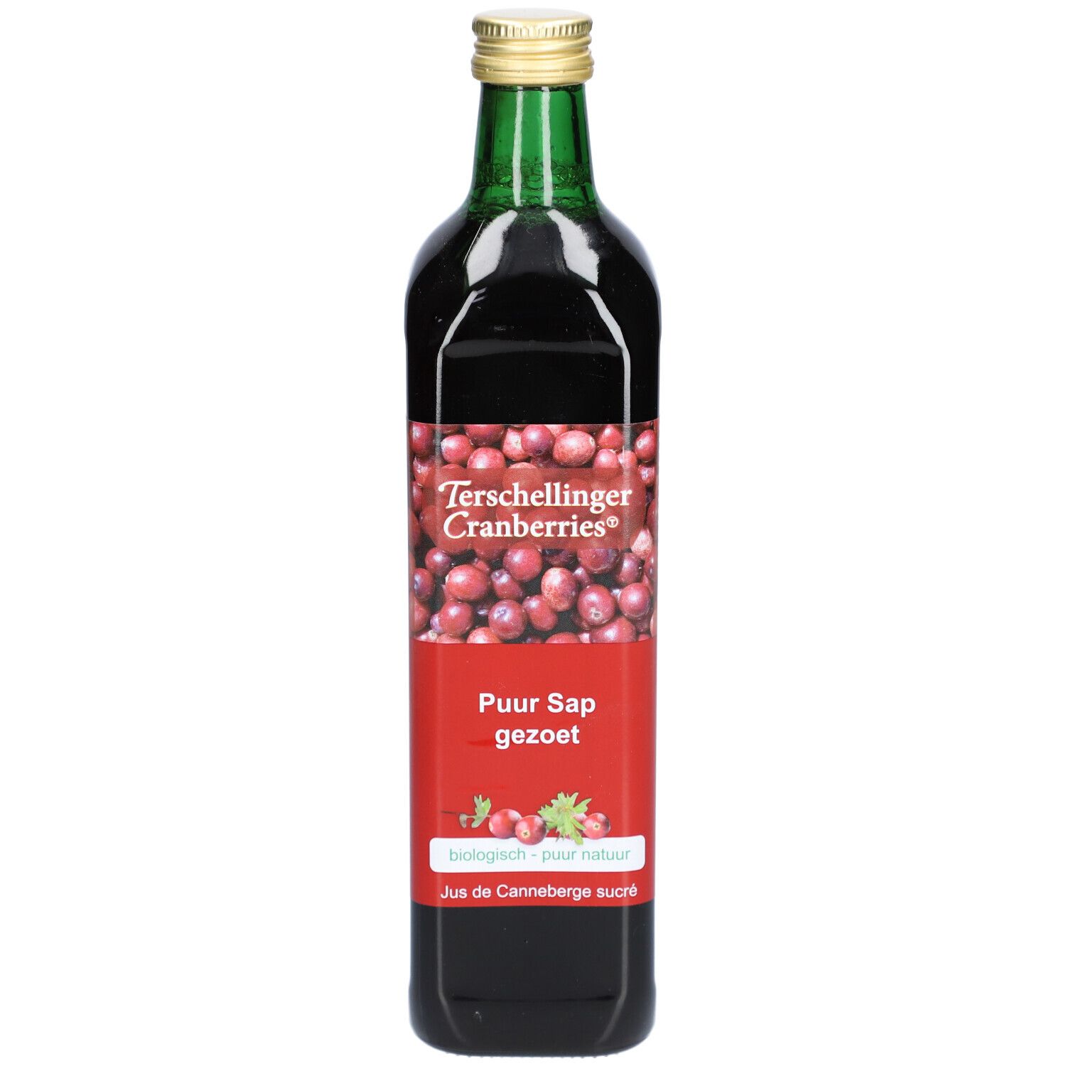 Bouteille de jus de canneberge. Étiquette rouge avec texte et image de canneberges. Bouchon doré, col vert. Texte: Terschellinger Cranberries, Puur Sap gezoet.