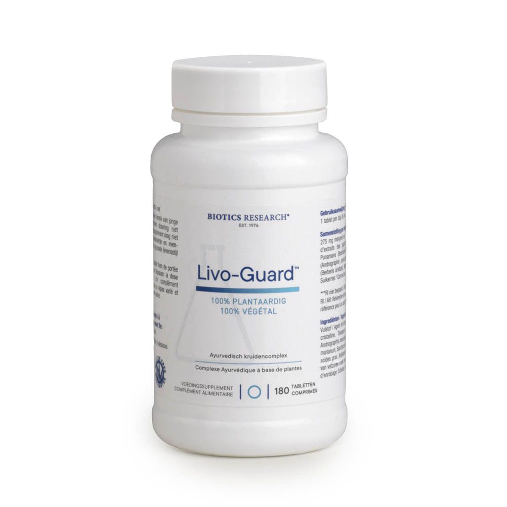Flacon blanc Livo-Guard. Logo BIOTICS RESEARCH. 180 comprimés. Bouchon.