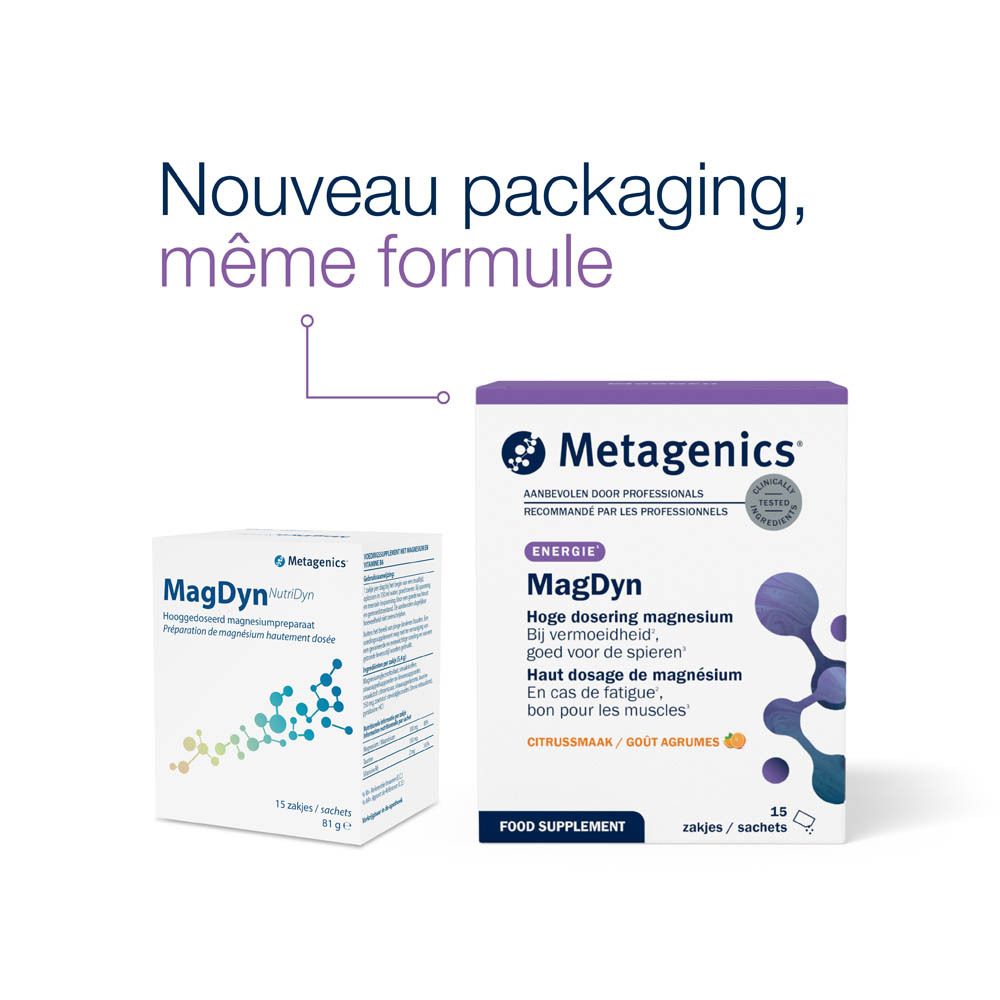 Boîte "MagDyn NutriDyn". Texte en français. Contient 15 sachets. Marque: Metagenics. Ingrédients au dos.