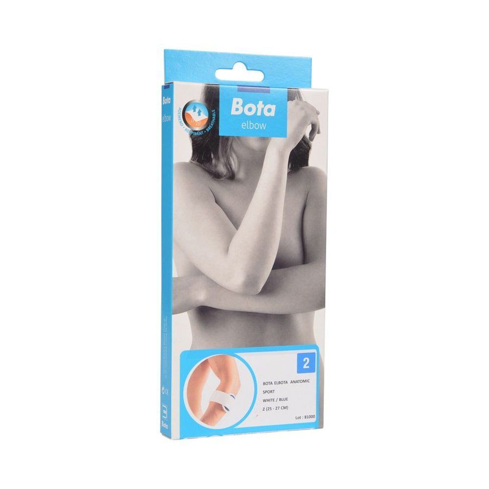 Boîte Bota Elbow Anatomic Sport, blanc/bleu. Illustration d'un bras avec bandage. Taille 2, 25-27 cm.