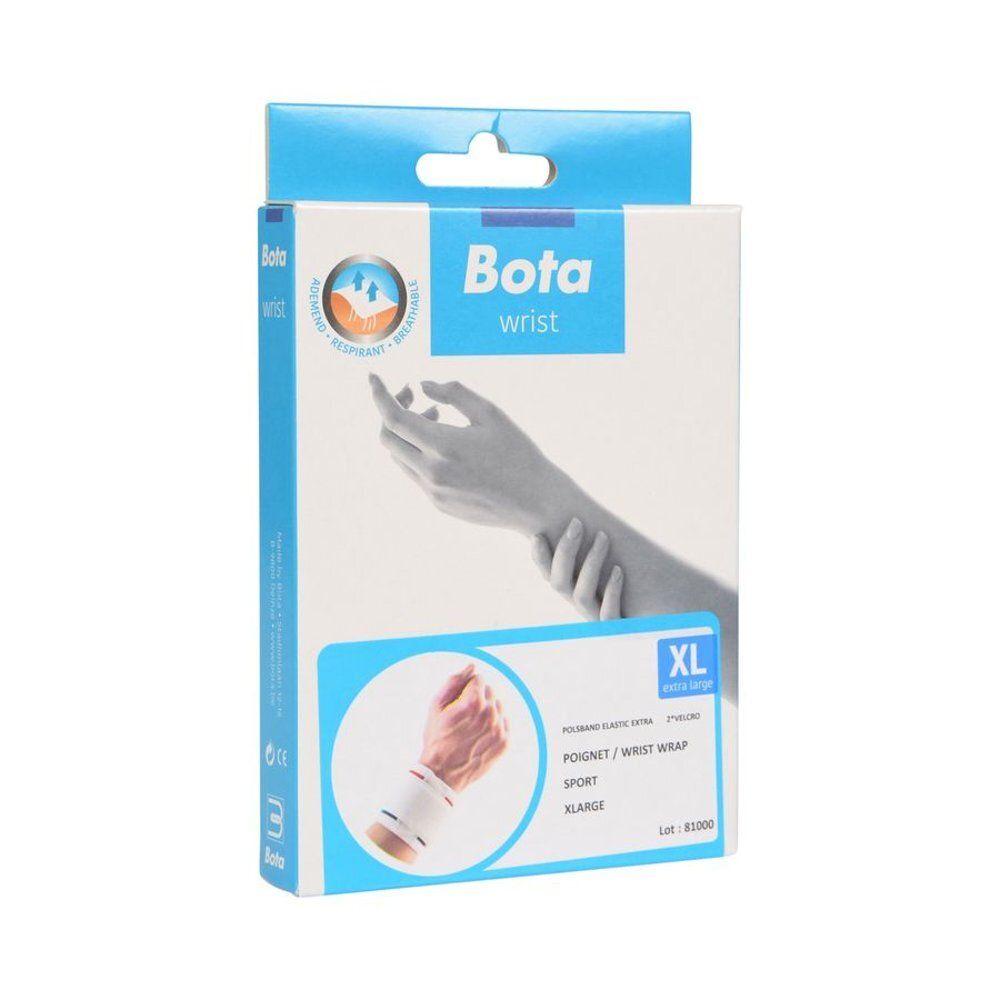 Boîte Bota Polsband. Boîte blanche et bleue avec image du produit et indication de taille XL.