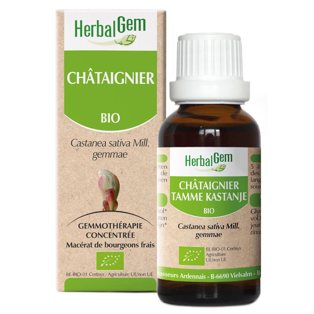 Flacon en verre brun avec bouchon blanc et boîte. Inscription : Châtaignier BIO. Certification.