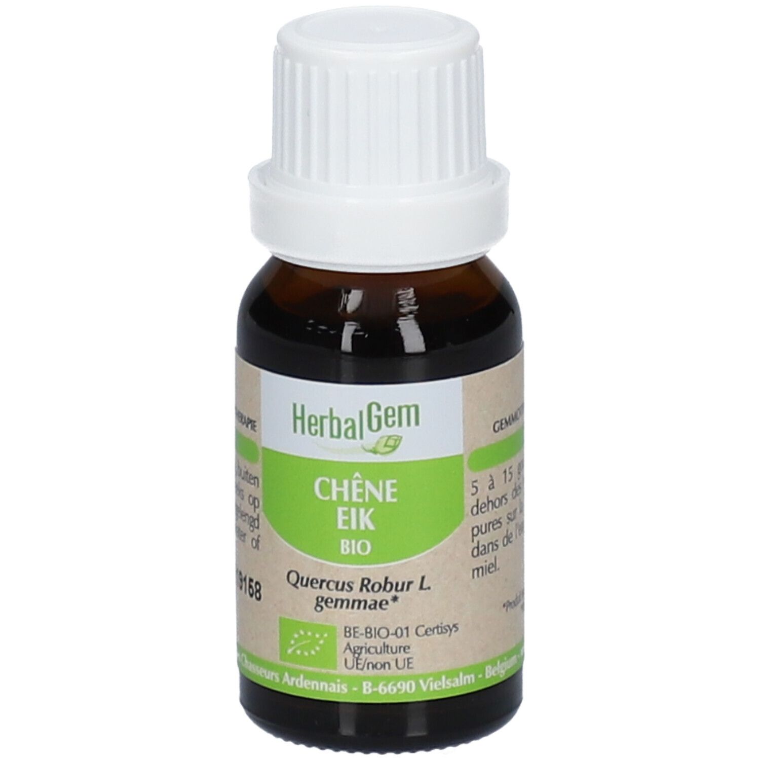 Flacon en verre brun avec bouchon blanc. Étiquette avec texte: Chêne Eik Bio, HerbalGem. Certification bio.