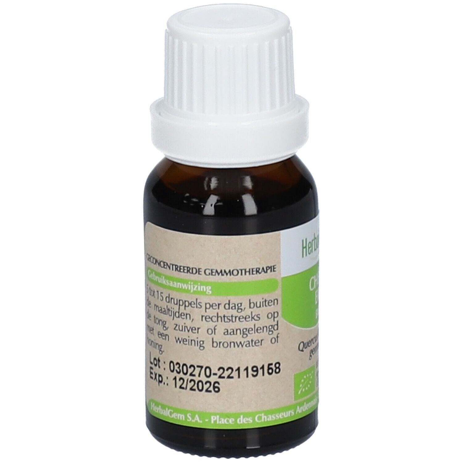 Flacon en verre brun avec bouchon blanc. Étiquette avec texte et date de péremption. HerbalGem. Certification bio.