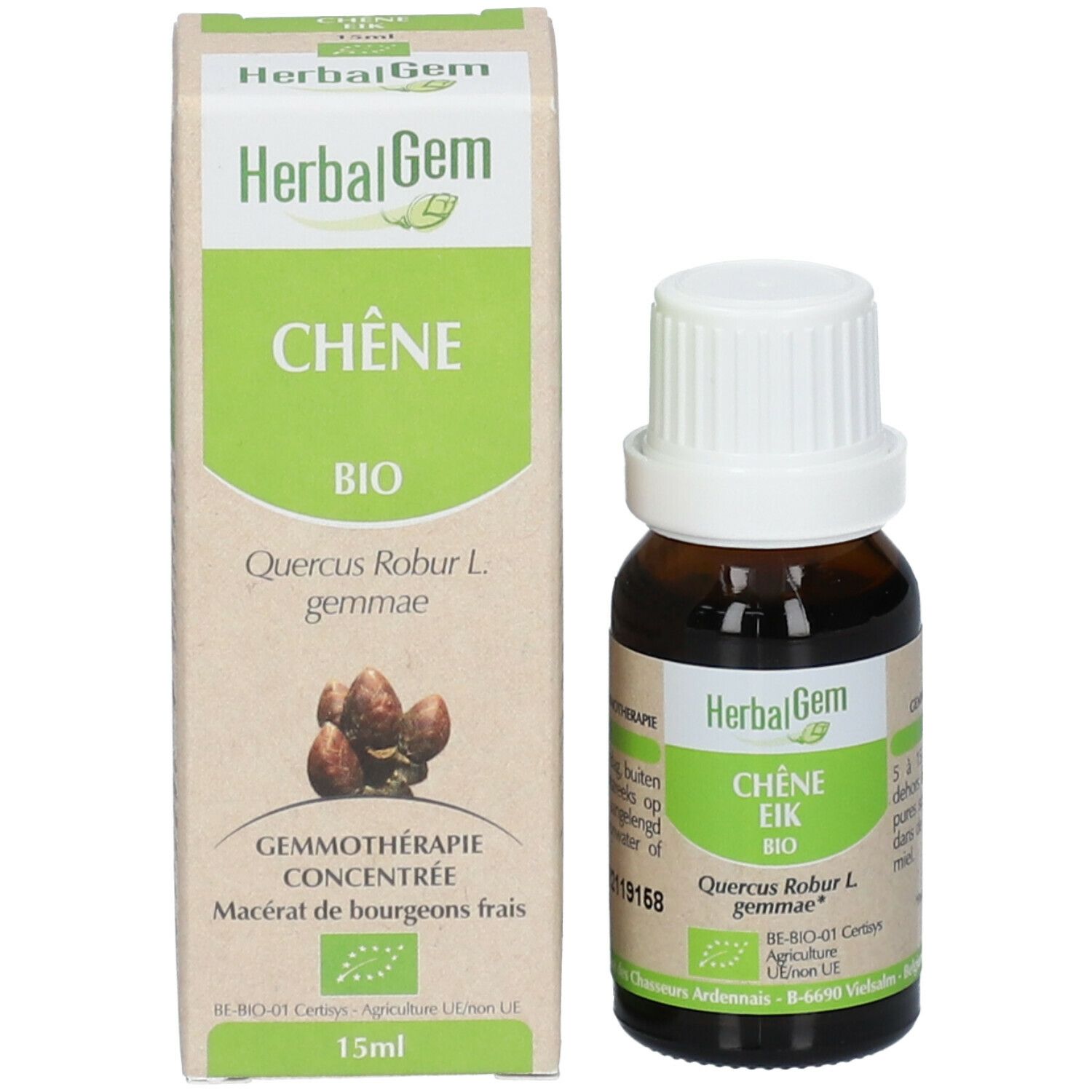 Flacon en verre brun et boîte. Flacon avec bouchon blanc. Boîte avec texte: Chêne Bio, HerbalGem. 15ml.