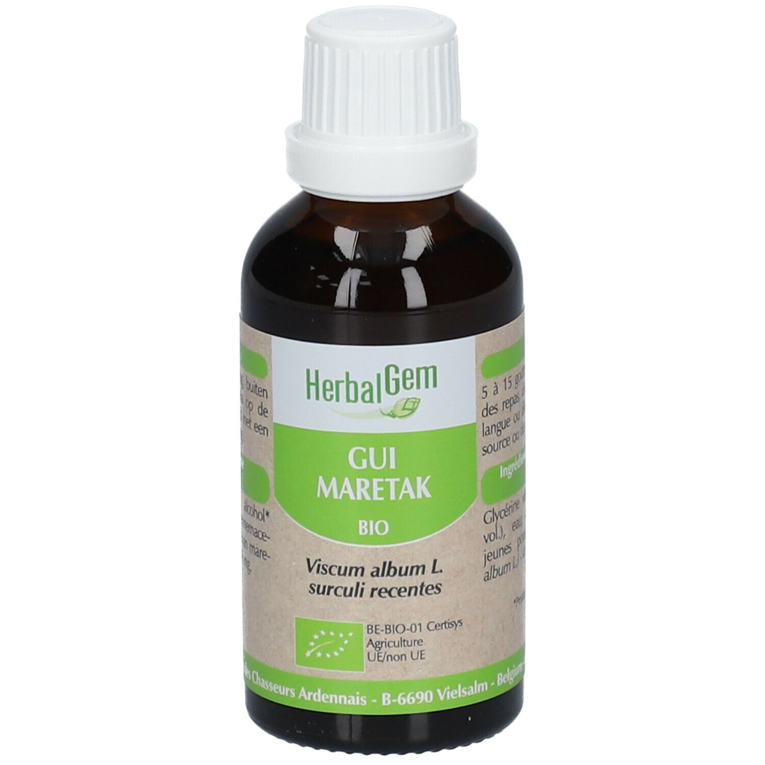 Flacon en verre brun avec bouchon blanc. Étiquette avec texte: HerbalGem, GUI MARETAK BIO. Certification UE Bio.