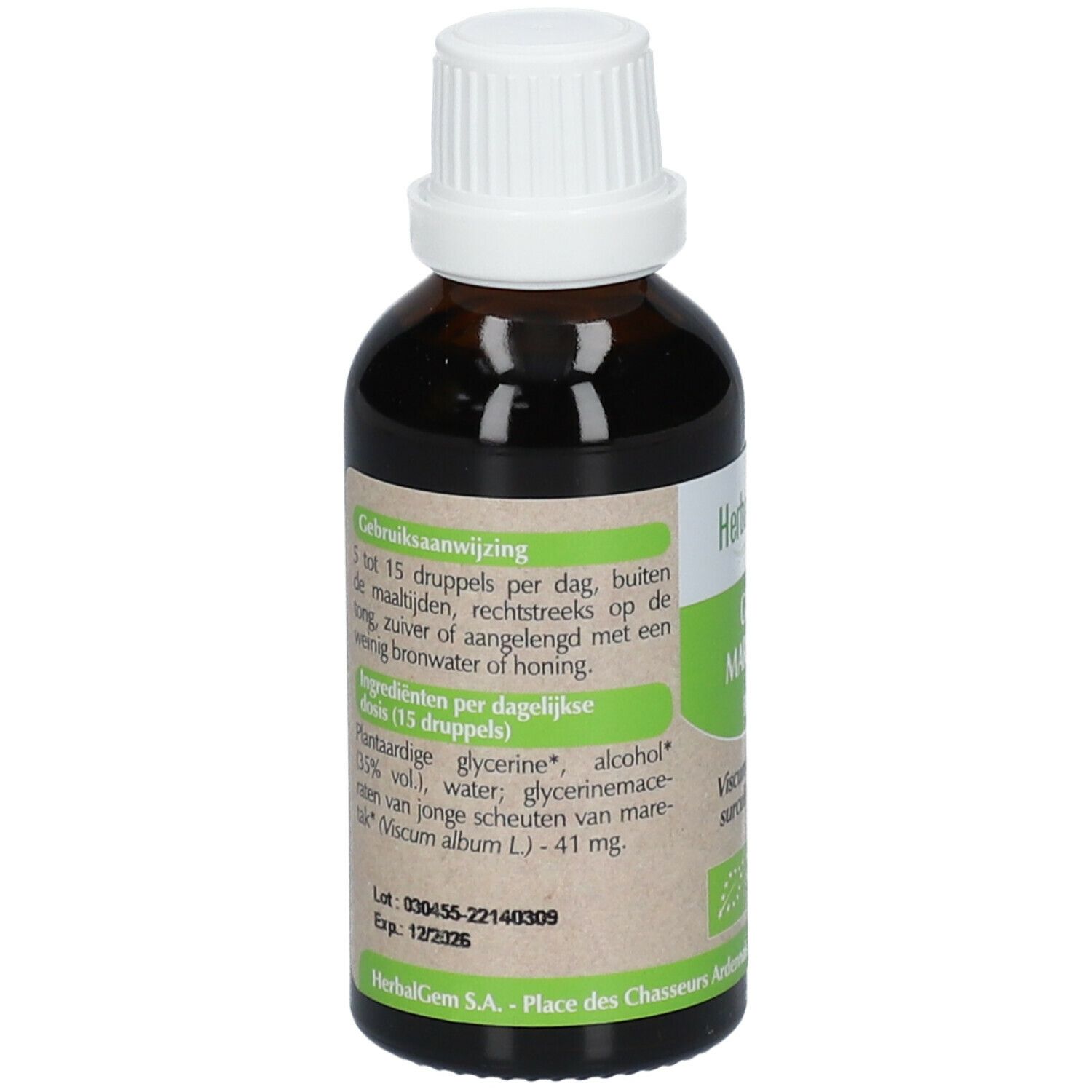 Flacon en verre brun avec bouchon blanc. Étiquette avec texte et mode d'emploi. Liste des ingrédients. Certification UE Bio.