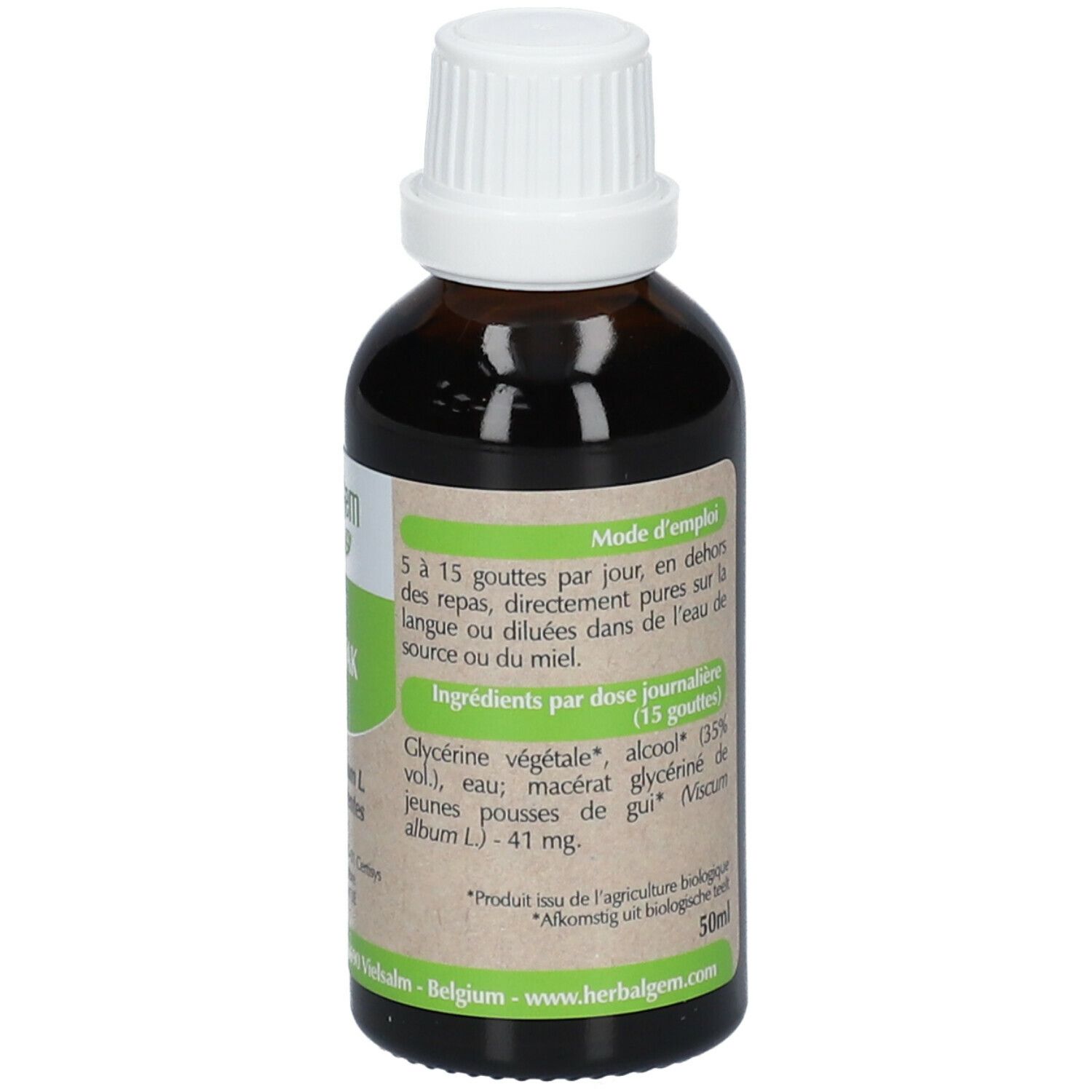 Flacon en verre brun avec bouchon blanc. Étiquette avec texte et mode d'emploi. Liste des ingrédients. Certification UE Bio.