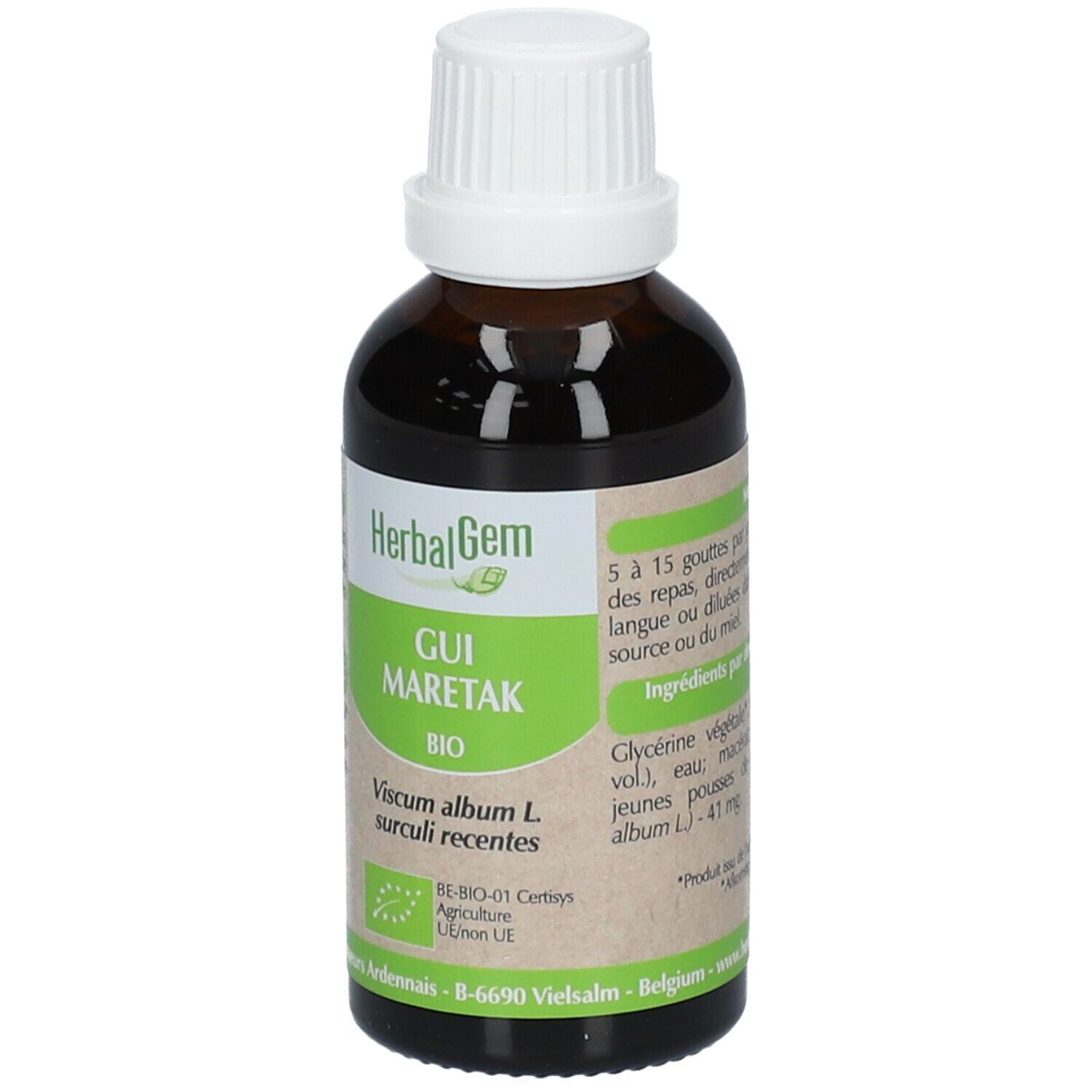Flacon en verre brun avec bouchon blanc. Étiquette avec texte: HerbalGem, GUI MARETAK BIO. Certification UE Bio.