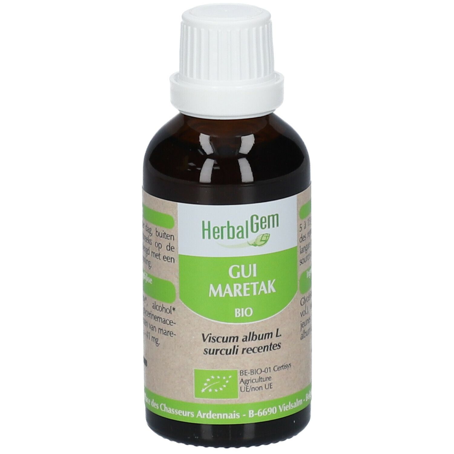Flacon en verre brun avec bouchon blanc. Étiquette avec texte: HerbalGem, GUI MARETAK BIO. Certification UE Bio.