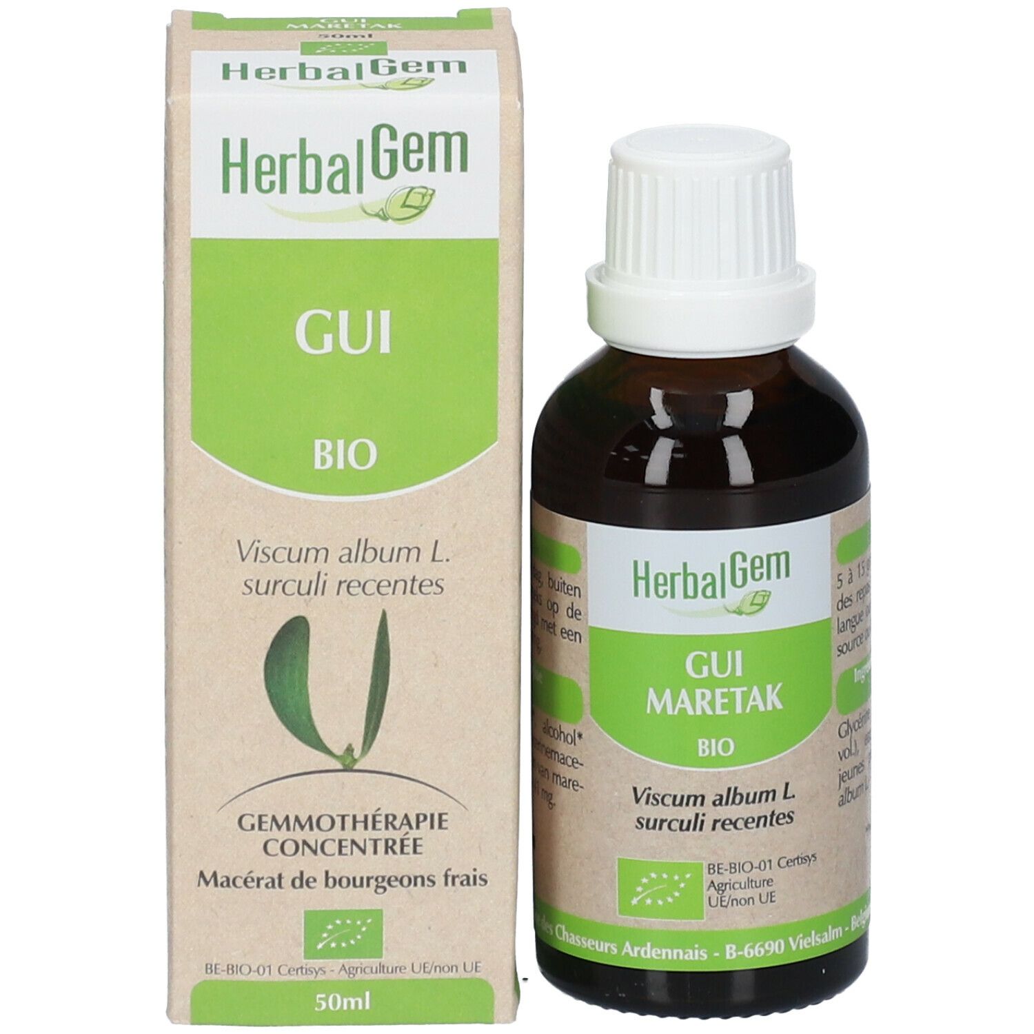 Flacon et boîte du produit. Flacon: verre brun, bouchon blanc. Boîte: blanc-vert, texte: GUI BIO, 50ml.