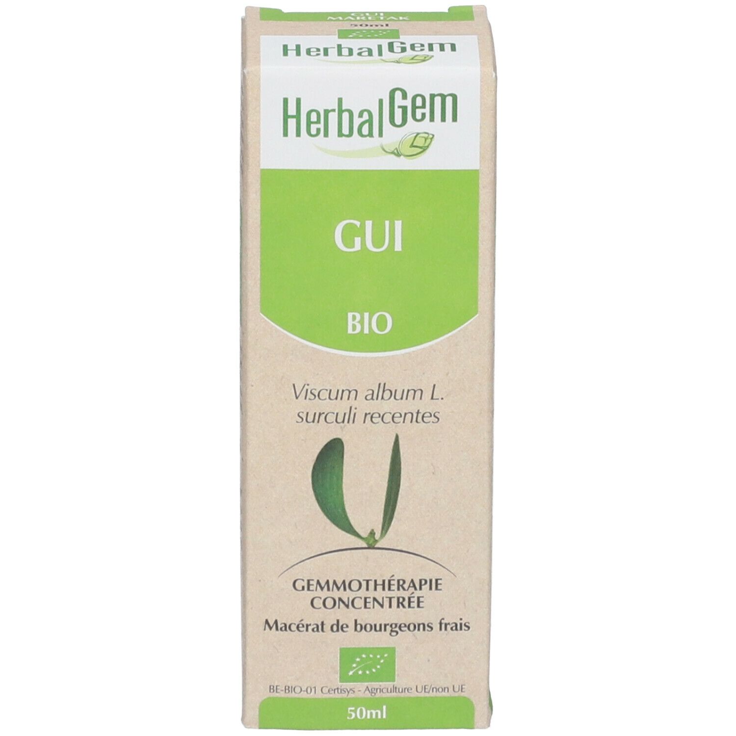Emballage du produit. Boîte blanc-vert avec texte: GUI BIO, Gemmothérapie concentrée, 50ml. Certification UE Bio.