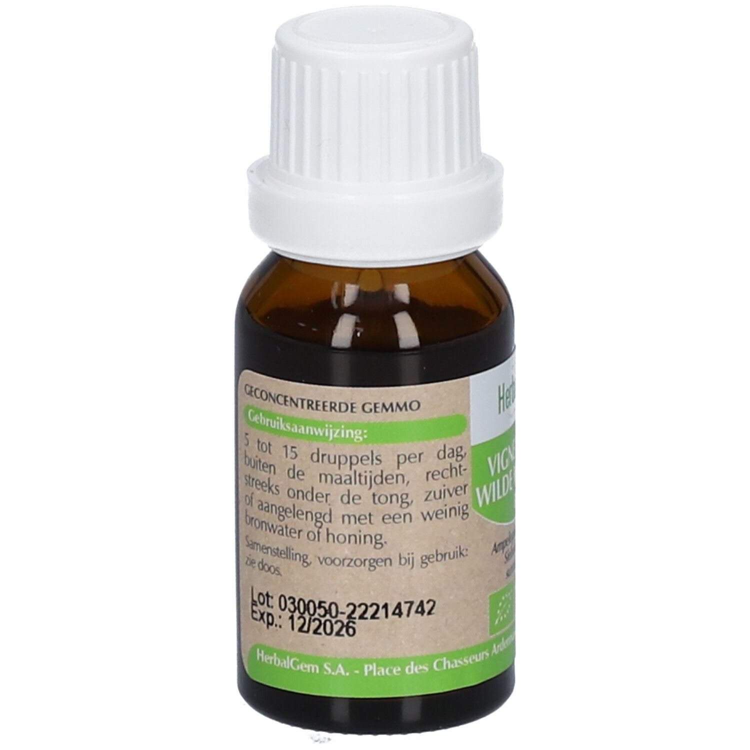 Flacon en verre brun avec bouchon blanc. Étiquette avec texte et mode d'emploi. Expiration 12/2026. HerbalGem S.A.