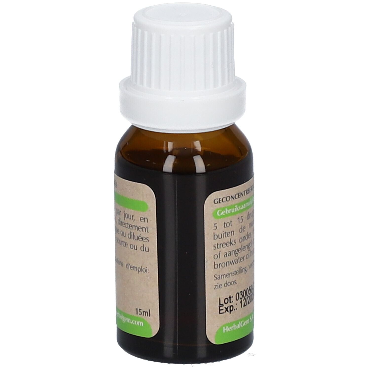 Flacon en verre brun avec bouchon blanc. Étiquette avec texte et instructions de dosage. Volume: 15ml. HerbalGem.