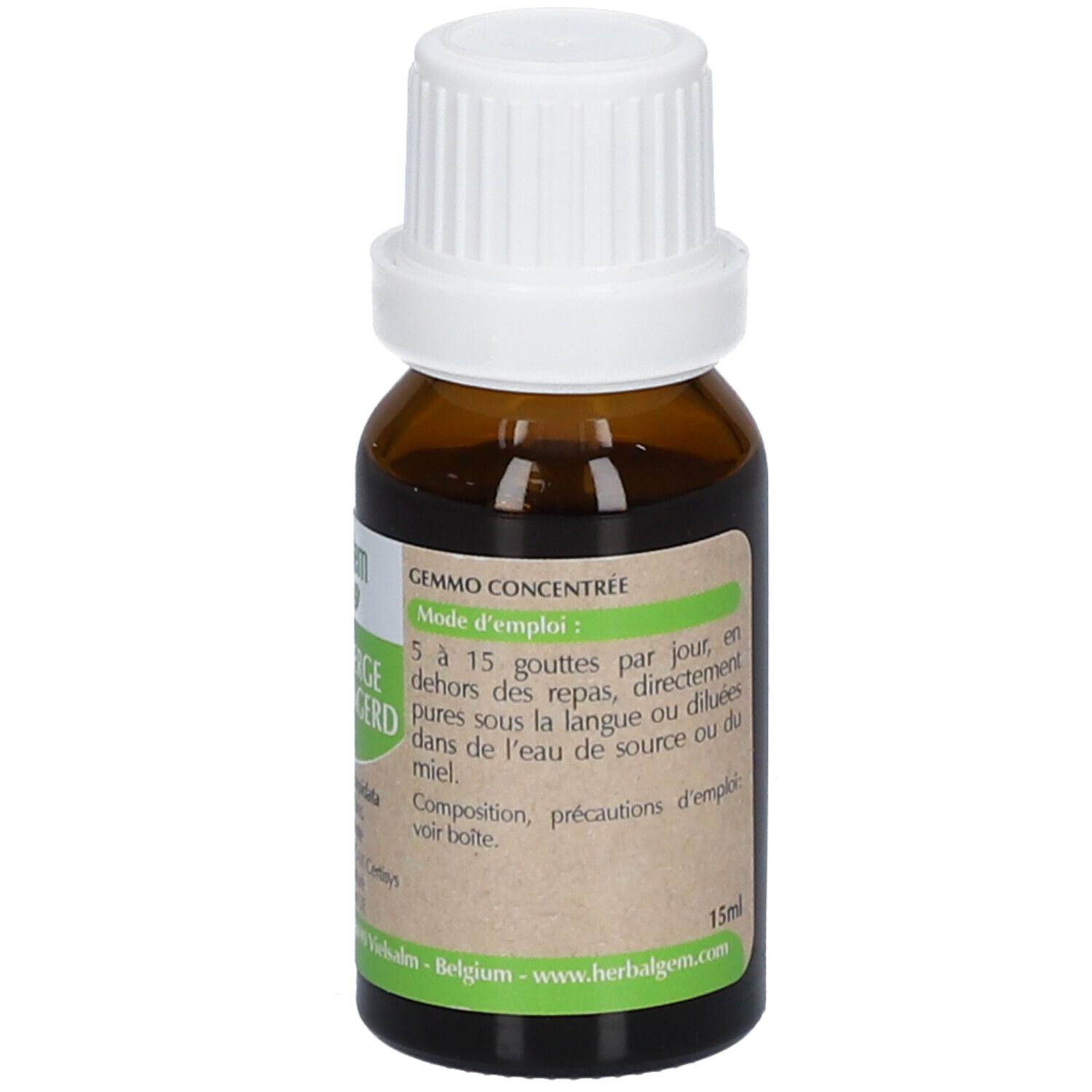 Flacon en verre brun avec bouchon blanc. Étiquette avec texte et instructions d'utilisation. Volume: 15ml. HerbalGem.