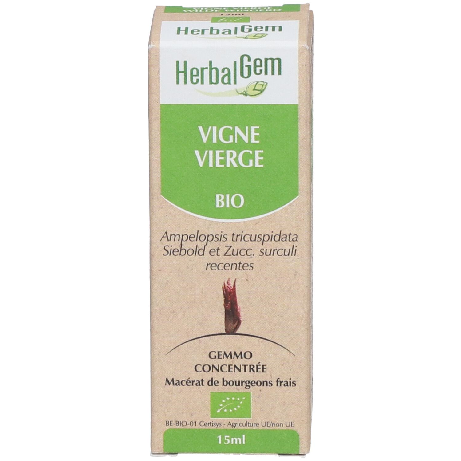 Emballage avec texte: Vigne Vierge, Bio. Volume: 15ml. Certification: BE-BIO-01 Certisys. HerbalGem.