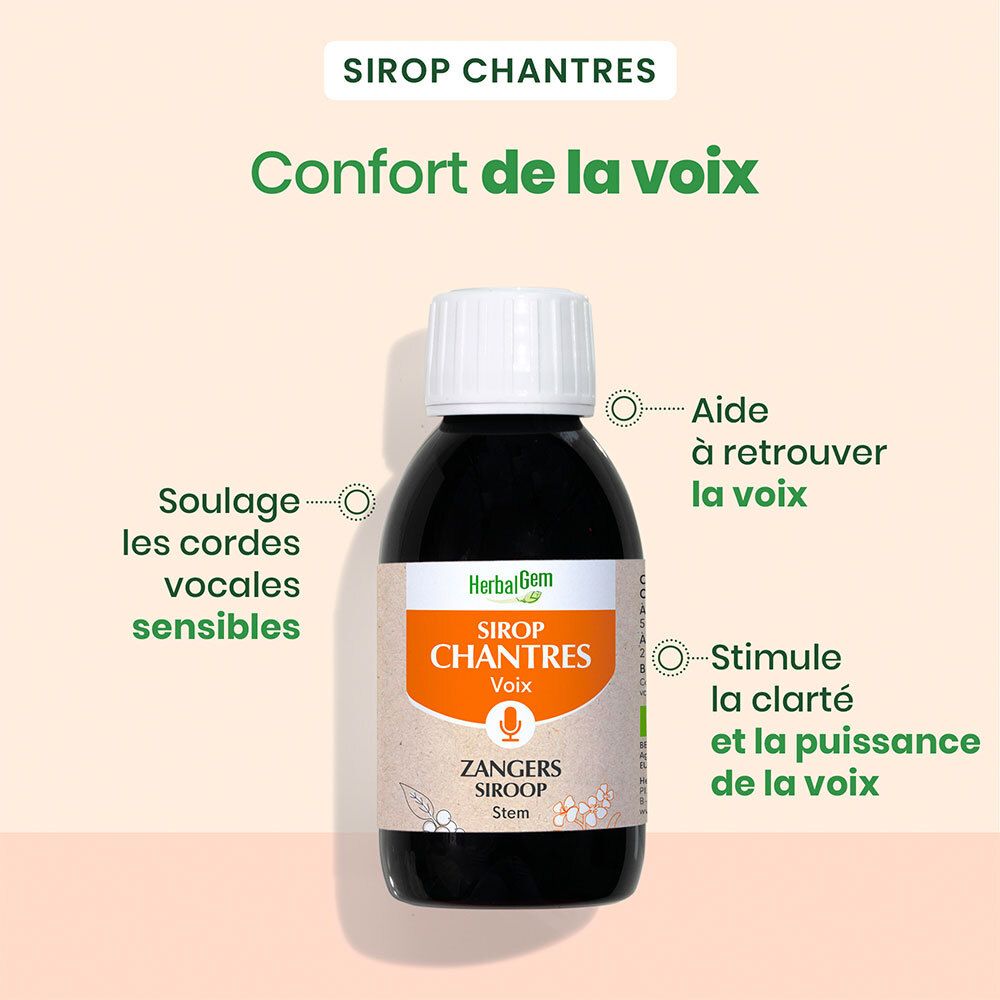 Flacon Herbalgem Sirop Des Chantres Bio. Texte: Confort de la voix. Aide à retrouver la voix.