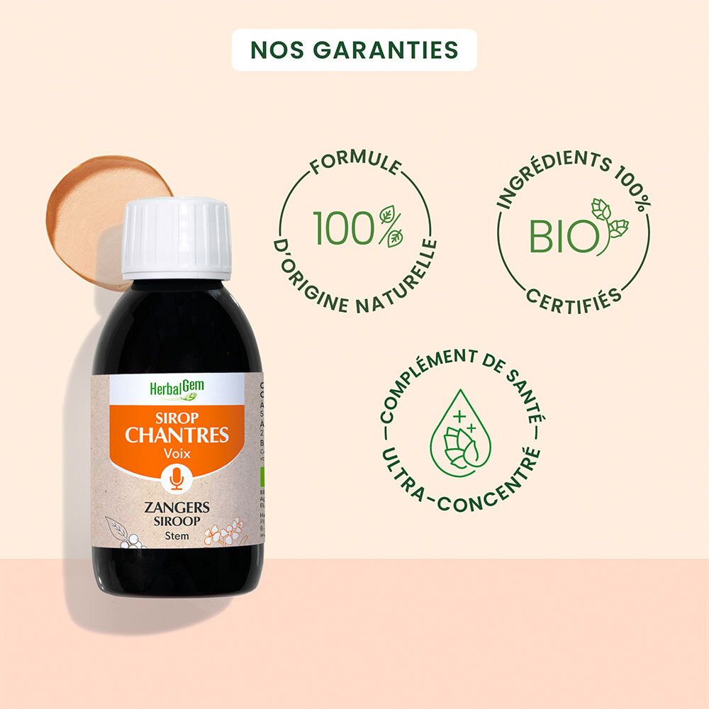 Flacon Herbalgem Sirop Des Chantres Bio. Logos: Ingrédients 100% naturels, certifiés Bio, Ultra-concentré.